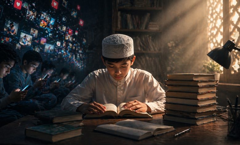 Ilustrasi anak sedang membaca buku di tengah distraksi media sosial dan penggunaan gawai.