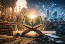 Ilustrasi Al-Qur’an sebagai jembatan antara tradisi tafsir klasik dan tantangan dunia digital modern.
