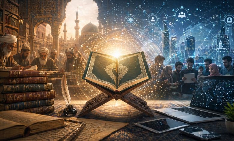 Ilustrasi Al-Qur’an sebagai jembatan antara tradisi tafsir klasik dan tantangan dunia digital modern.