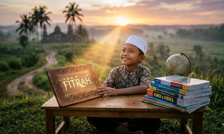 Ilustrasi anak Muslim dengan papan bertuliskan fitrah, buku pelajaran, dan globe sebagai simbol pendidikan fitrah, ilmu, dan pembentukan karakter.