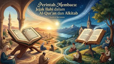 Ilustrasi perintah membaca dalam Al-Qur’an dan Alkitab sebagai jejak Ilahi yang mengajak manusia mengenal ilmu, kebenaran, dan Tuhan.