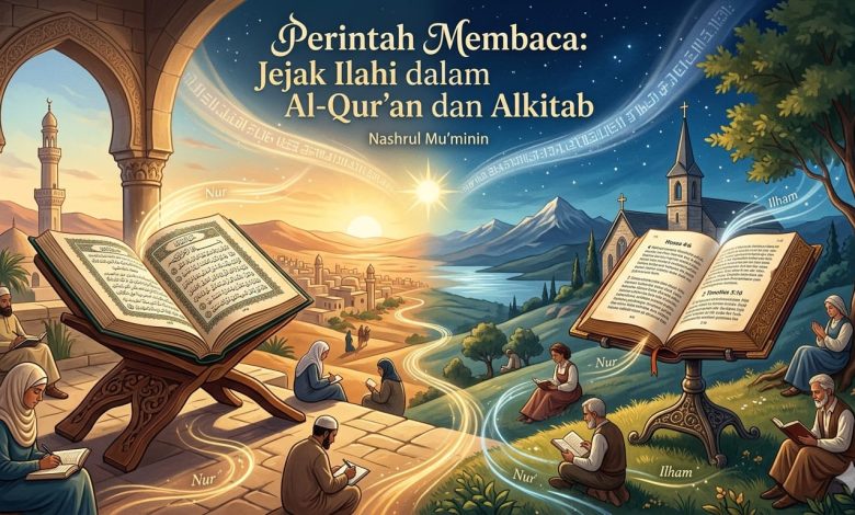 Ilustrasi perintah membaca dalam Al-Qur’an dan Alkitab sebagai jejak Ilahi yang mengajak manusia mengenal ilmu, kebenaran, dan Tuhan.