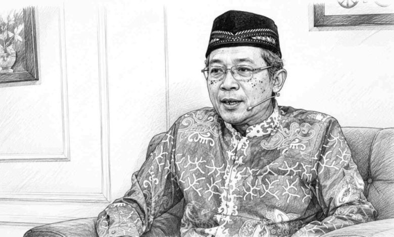 Sketsa pensil hitam-putih yang menggambarkan Prof. Dr. H. Hamim Ilyas, M.Ag. Beliau terlihat sedang duduk dan berbicara, mengenakan peci hitam, kacamata, dan kemeja batik bermotif detail.
