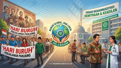 Ilustrasi perjuangan hari buruh May Day dan implementasi etika kerja Islam dalam perspektif Muhammadiyah untuk kesejahteraan pekerja.