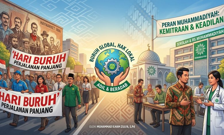 Ilustrasi perjuangan hari buruh May Day dan implementasi etika kerja Islam dalam perspektif Muhammadiyah untuk kesejahteraan pekerja.