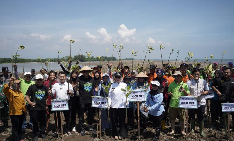 Perwakilan UMS Yasir Sidiq bersama relawan menanam bibit mangrove di Pantai Jomblom Kendal.
