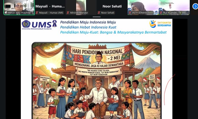 Tampilan layar Zoom Seminar Nasional FKIP UMS tentang Sertifikasi Guru 2026 dan Transformasi Pendidikan Digital dengan ilustrasi Hari Pendidikan Nasional.