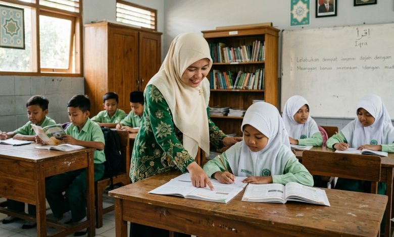 Guru wanita berhijab sedang membimbing siswa membaca dan menulis di dalam kelas pada momen Hari Pendidikan Nasional (Hardiknas).