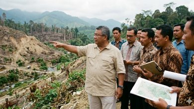 Ketua ICMI Aceh Taqwaddin Husin menunjuk lereng bukit gundul di Dataran Tinggi Gayo untuk rencana reboisasi hutan Aceh.