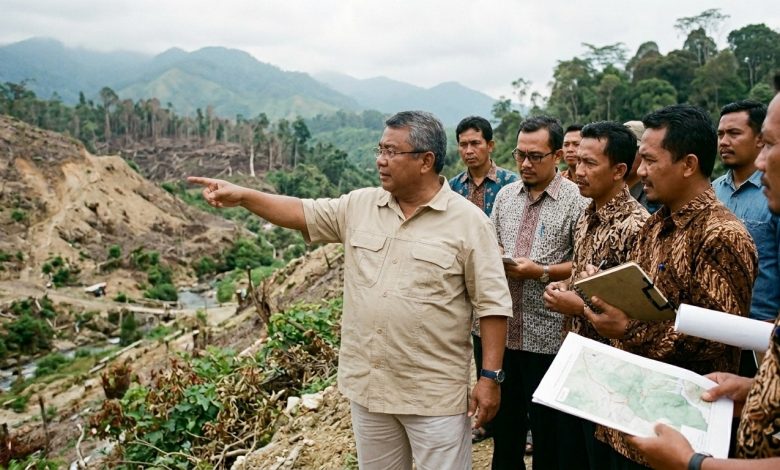 Ketua ICMI Aceh Taqwaddin Husin menunjuk lereng bukit gundul di Dataran Tinggi Gayo untuk rencana reboisasi hutan Aceh.