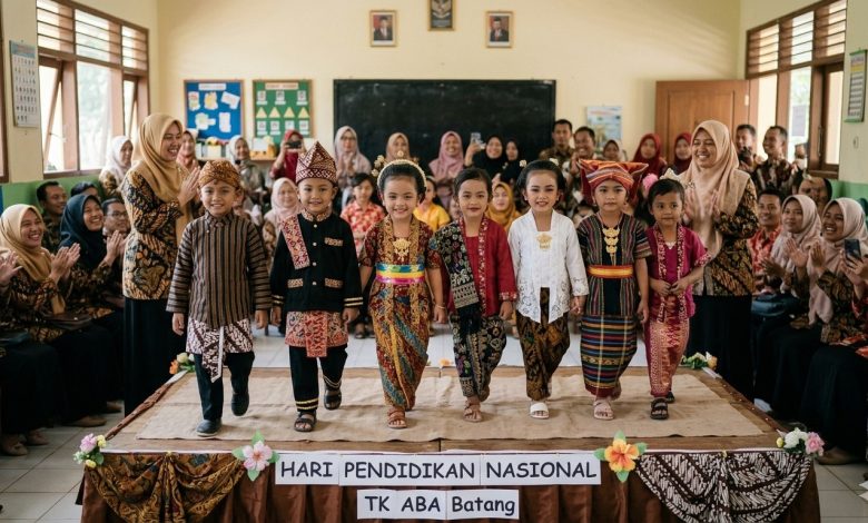 Close-up detail tangan anak TK yang malu-malu memegang ujung baju adat daerah warna-warni, bersiap maju ke panggung sederhana diiringi tepuk tangan guru dan orang tua di latar belakang yang blur.