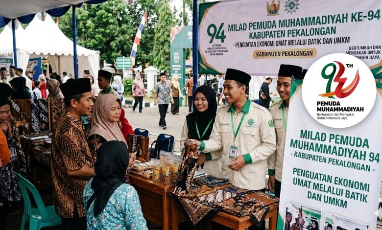 Ilustrasi kader Pemuda Muhammadiyah Kabupaten Pekalongan sedang melayani pembeli di stand UMKM Batik dalam rangka Milad ke-94.