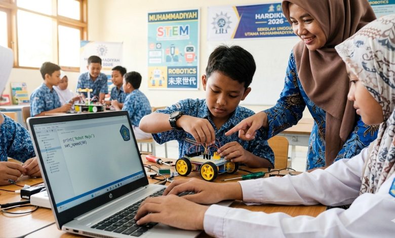 Dua pasang tangan siswa sekolah dasar sedang memegang obeng dan komponen elektronik kecil, merakit robot edukasi. Di sebelah mereka terdapat laptop yang menampilkan layar dengan blok-blok pemrograman berwarna. Latar belakangnya buram, menunjukkan ruang kelas yang terang.