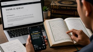Seorang pria sedang mempelajari tafsir Al-Qur'an secara kontekstual menggunakan kitab fisik, laptop, dan smartphone untuk menjawab tantangan isu kontemporer di era digital.