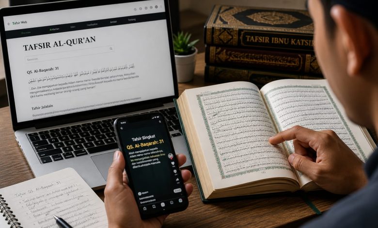 Seorang pria sedang mempelajari tafsir Al-Qur'an secara kontekstual menggunakan kitab fisik, laptop, dan smartphone untuk menjawab tantangan isu kontemporer di era digital.