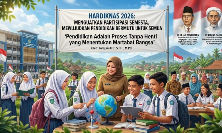 Ilustrasi Hari Pendidikan Nasional 2026 menampilkan kolaborasi siswa, guru, dan masyarakat dengan latar belakang sekolah serta potret Ki Hajar Dewantara dan KH Ahmad Dahlan.