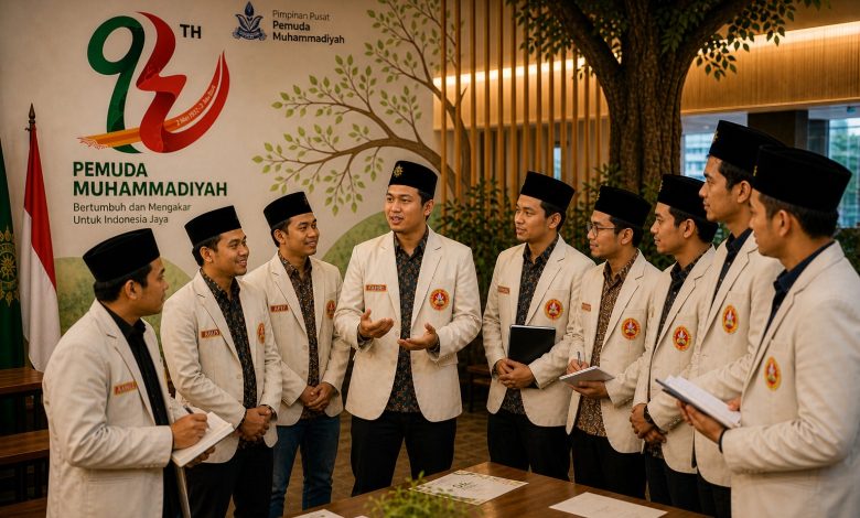 Kader Pemuda Muhammadiyah berdiskusi dalam forum internal Milad ke-94 dengan latar logo resmi dan tema Bertumbuh dan Mengakar untuk Indonesia Jaya