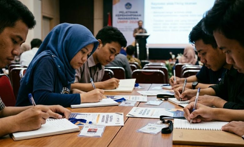 Mahasiswa peserta LKMM UMPP 2026 sedang mencatat materi pelatihan kepemimpinan dalam seminar kepemimpinan mahasiswa di teater kampus.