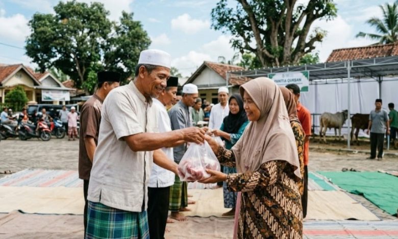 Momen pembagian daging kurban kepada warga sebagai simbol kepedulian sosial dalam perayaan Idul Adha.