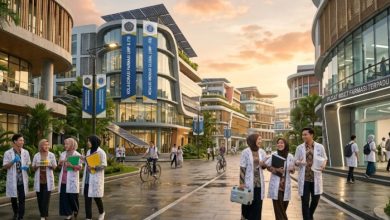 Mahasiswa Farmasi UMP membawa peralatan laboratorium berjalan di antara gedung kampus modern dengan spanduk kolaborasi UMP dan ITB.