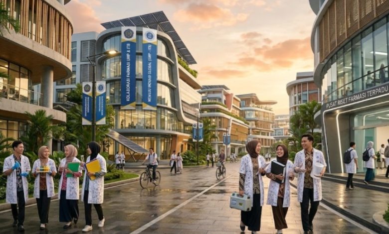 Mahasiswa Farmasi UMP membawa peralatan laboratorium berjalan di antara gedung kampus modern dengan spanduk kolaborasi UMP dan ITB.