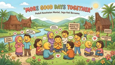 Ilustrasi kampanye More Good Days Together tentang kepedulian terhadap kesehatan mental, dukungan komunitas, saling mendengar, dan menjaga keseimbangan hidup bersama.