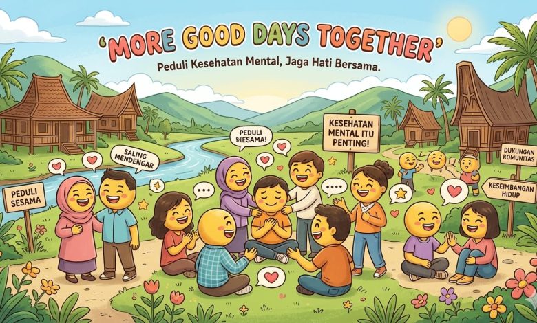Ilustrasi kampanye More Good Days Together tentang kepedulian terhadap kesehatan mental, dukungan komunitas, saling mendengar, dan menjaga keseimbangan hidup bersama.