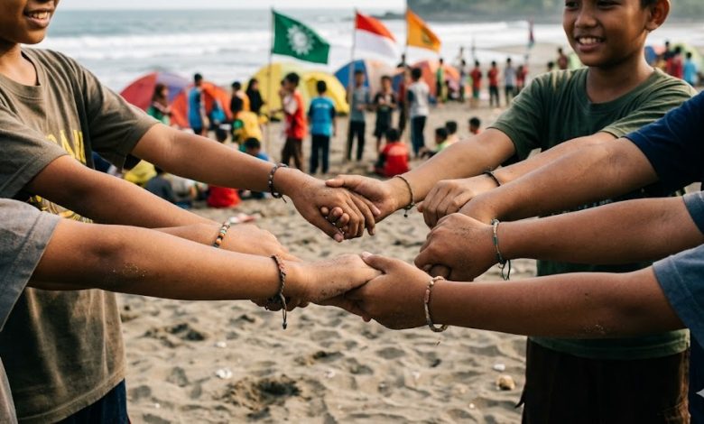 Detail tangan anak-anak panti asuhan Muhammadiyah saling berpegangan membentuk lingkaran di atas pasir Pantai Kembar Kebumen, simbol deklarasi Gerakan Rukun Sama Teman pada Jambore MCC ke-4 Jawa Tengah.
