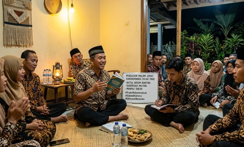 Suasana hangat Pengajian Malam Jumat Karangmangu, Wonosobo, di dalam sebuah rumah warga Javanese yang nyaman. Di tengah, di depan papan tulis portable bertuliskan 'PENGAJIAN MALAM JUMAT KARANGMANGU (SEJAK 1968) - BAITUL ARQOM RANTING - KADERISASI MILITAN - MANHAJ TARJIH', seorang penceramah lokal Muhammadiyah (mengenakan batik dan peci) tersenyum ramah dan memegang buku Manhaj Tarjih, berbicara kepada jemaah. Di latar depan, seorang kader muda (juga batik) duduk khidmat mencatat. Jemaah lain, pria dan wanita (semua berhijab), duduk melingkar mendengarkan dengan serius dan penuh persaudaraan. Ruangan diterangi cahaya hangat lampu gantung dan lampu minyak, menciptakan suasana spiritual, khidmat, dan penuh persaudaraan. Spanduk mading besar di latar belakang bertuliskan 'HARDIKNAS SMP MUHAMMADIYAH JEPARA...' dan 'EDUWISA JEPARA YOGYAKARTA...'.