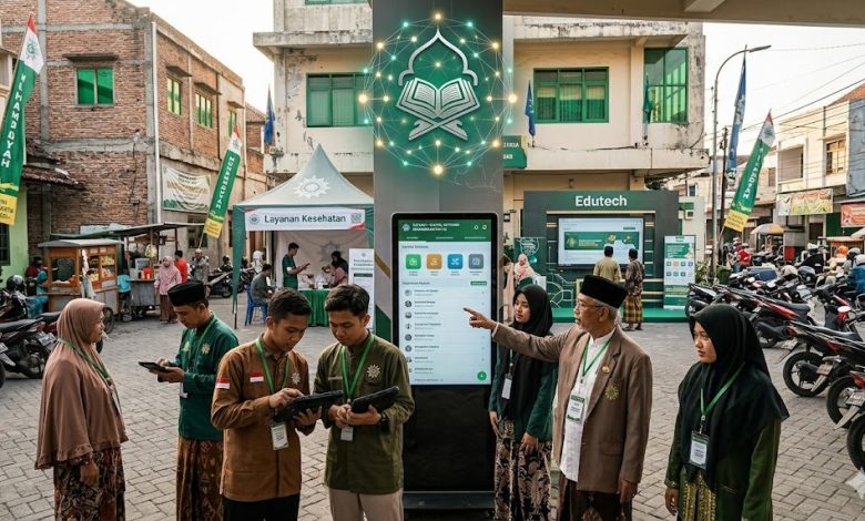 Kolaborasi lintas generasi kader Muhammadiyah menggunakan tablet dan sistem digital SatuMu di lingkungan amal usaha untuk pelayanan kesehatan dan pendidikan.