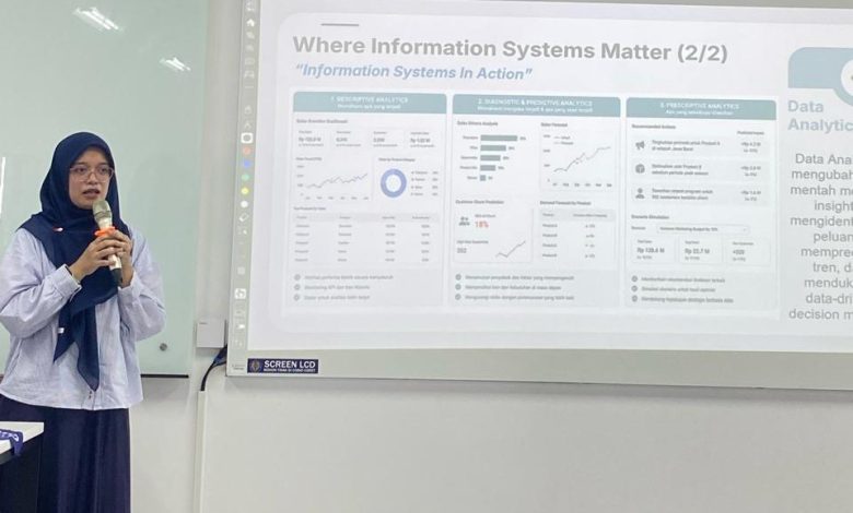 Seorang mahasiswi SIF UMS mengenakan hijab berbicara dengan mikrofon di depan layar proyektor yang menampilkan materi tentang analisis sistem informasi dalam kegiatan sarasehan prodi.