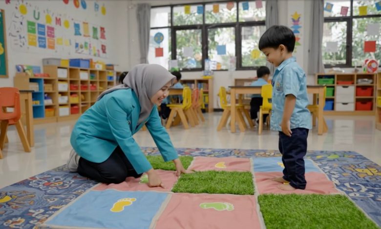 Seorang mahasiswi UMS berhijab mendampingi anak laki-laki menggunakan inovasi Karpet RABA sebagai media stimulasi anak ADHD.
