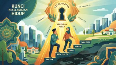 Ilustrasi kunci keselamatan hidup berupa anak tangga ikhtiar, amal saleh, iman, sabar, dan tawakal menuju cahaya kehendak Allah di tengah kota.