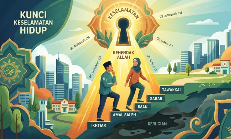 Ilustrasi kunci keselamatan hidup berupa anak tangga ikhtiar, amal saleh, iman, sabar, dan tawakal menuju cahaya kehendak Allah di tengah kota.