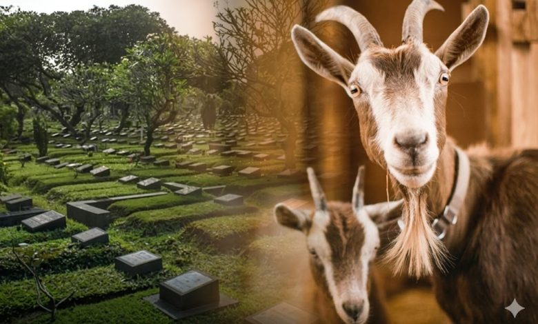 Kolase foto realistis yang menggabungkan suasana pemakaman yang asri di sisi kiri dan dua ekor kambing kurban di sisi kanan dengan efek transisi cahaya hangat.