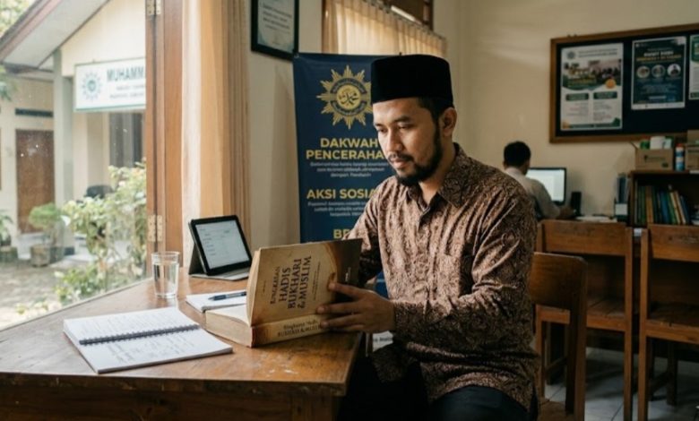 Seorang kader pria Muhammadiyah mengenakan batik dan peci hitam sedang membaca buku hadis di meja kayu kantor komunitas di Purwokerto dengan suasana tenang.