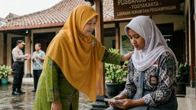 Pendamping dari Posbakum 'Aisyiyah memberikan dukungan psikososial kepada seorang siswi di depan kantor layanan hukum untuk mencegah kekerasan seksual.