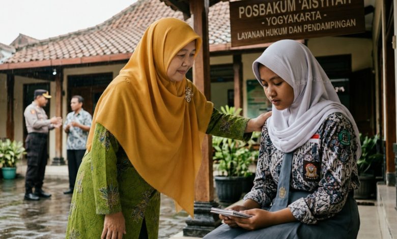 Pendamping dari Posbakum 'Aisyiyah memberikan dukungan psikososial kepada seorang siswi di depan kantor layanan hukum untuk mencegah kekerasan seksual.
