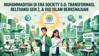 Ilustrasi digital Muhammadiyah di era Society 5.0 yang menampilkan relevansi Gen Z dan visi Islam Berkemajuan.