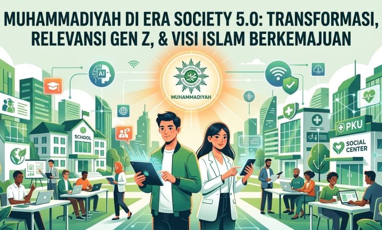 Ilustrasi digital Muhammadiyah di era Society 5.0 yang menampilkan relevansi Gen Z dan visi Islam Berkemajuan.