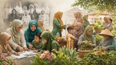Ilustrasi perempuan ‘Aisyiyah Jawa Tengah dalam kegiatan dakwah kemanusiaan, pendidikan anak, layanan kesehatan keluarga, dan penguatan ketahanan pangan masyarakat.