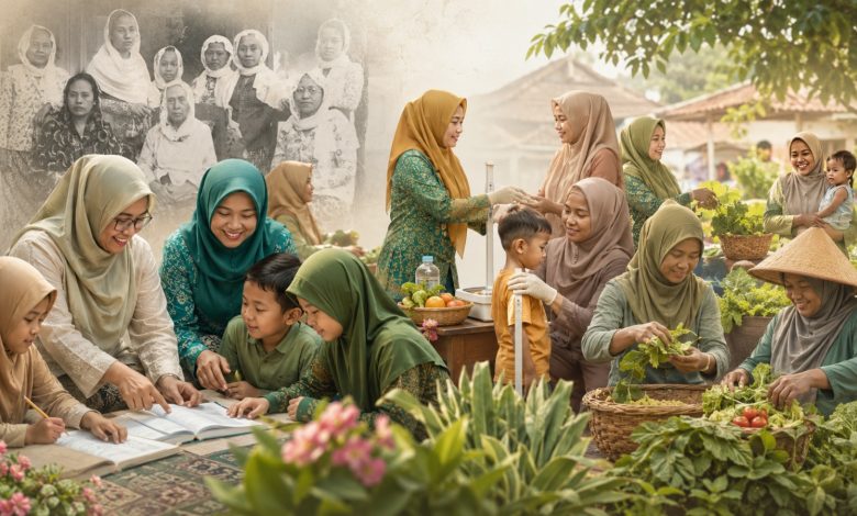 Ilustrasi perempuan ‘Aisyiyah Jawa Tengah dalam kegiatan dakwah kemanusiaan, pendidikan anak, layanan kesehatan keluarga, dan penguatan ketahanan pangan masyarakat.