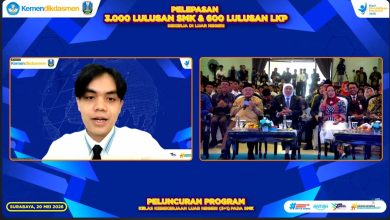 Menteri Abdul Mu'ti berdialog virtual dengan siswa SMK luar negeri Muhammad Zidni Maulaya Abbas dalam acara pelepasan lulusan vokasi di Surabaya.
