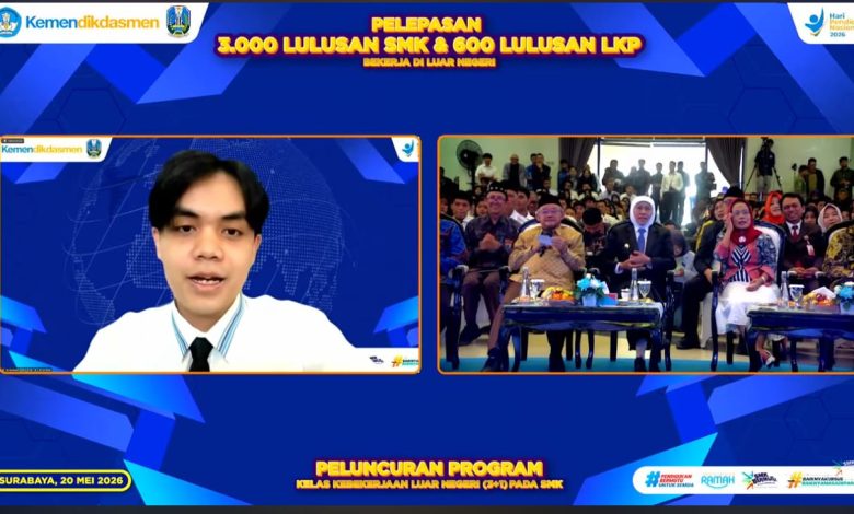 Menteri Abdul Mu'ti berdialog virtual dengan siswa SMK luar negeri Muhammad Zidni Maulaya Abbas dalam acara pelepasan lulusan vokasi di Surabaya.