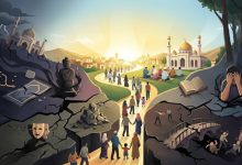 Ilustrasi konsep kebaikan dan keburukan dalam Islam menampilkan siluet seseorang berdiri di gerbang cahaya benderang yang kontras dengan latar belakang jurang gelap berkabut yang melambangkan kehancuran akibat perilaku zalim.