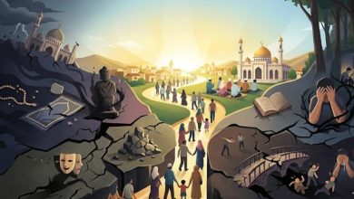 Ilustrasi konsep kebaikan dan keburukan dalam Islam menampilkan siluet seseorang berdiri di gerbang cahaya benderang yang kontras dengan latar belakang jurang gelap berkabut yang melambangkan kehancuran akibat perilaku zalim.