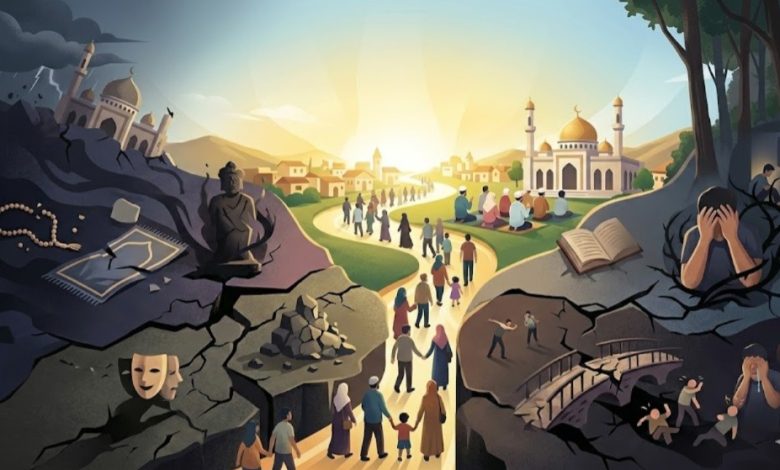 Ilustrasi konsep kebaikan dan keburukan dalam Islam menampilkan siluet seseorang berdiri di gerbang cahaya benderang yang kontras dengan latar belakang jurang gelap berkabut yang melambangkan kehancuran akibat perilaku zalim.