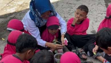 Siswa didampingi instruktur mempraktikkan metode agroschooling TK untuk memindahkan bibit sayuran ke dalam pot di Boyolali