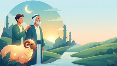 Ilustrasi teks khotbah Idul Adha tentang pengorbanan Nabi Ibrahim dan Ismail beserta domba qurban