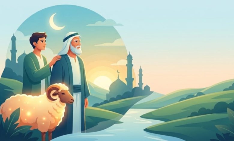 Ilustrasi teks khotbah Idul Adha tentang pengorbanan Nabi Ibrahim dan Ismail beserta domba qurban